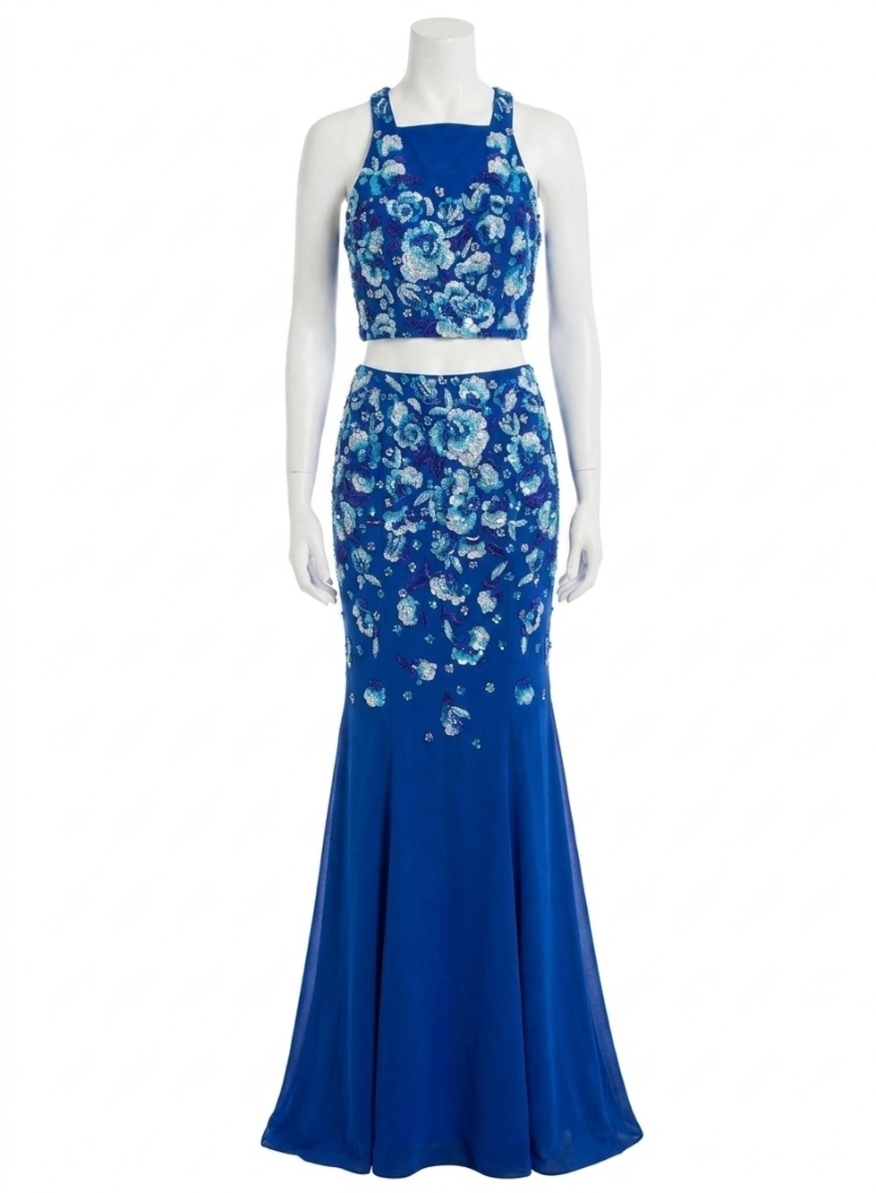 NEW RACHEL ALLAN two-piece beaded jersey prom gown in royal